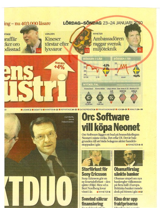 U.S ambassador Mr Matthew Barzun i Dagens Industri Cover page